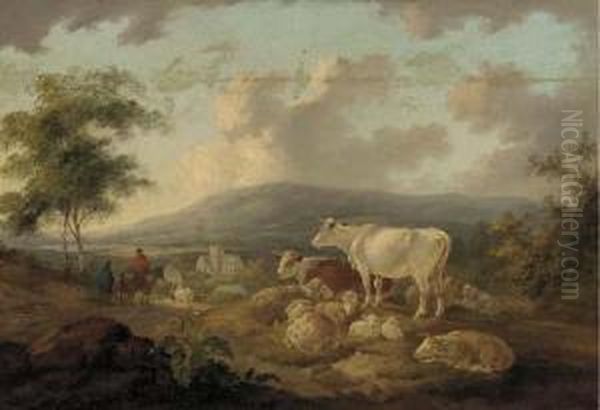 Figures On A Track Returning To A Village, Cattle And Sheep In The Foreground Oil Painting by Peter La Cave