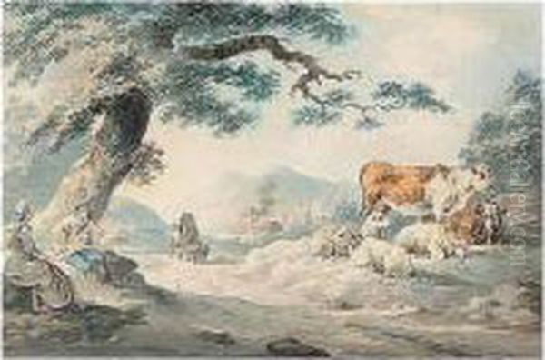 Figures By A Roadside With Sheep And Cattle Oil Painting by Peter La Cave