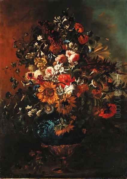 Roses, sunflowers, carnations, morning glory, lilies and other flowers in an ornamental vase Oil Painting by Gabriel De La Corte