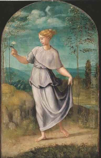 A young woman holding a flower with an extensive landscape beyond Oil Painting by Girolamo da Carpi