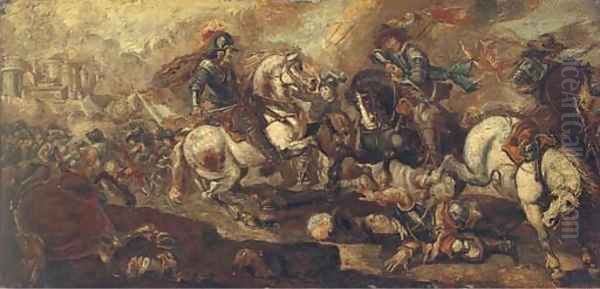 A cavalry battle before a castle Oil Painting by Jacques Courtois