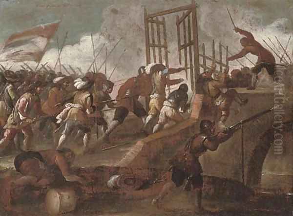 A battle on a bridge Oil Painting by Jacques Courtois