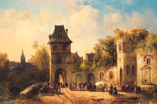 Figures gathering near the Gate of a Town Oil Painting by Jacques Courtois