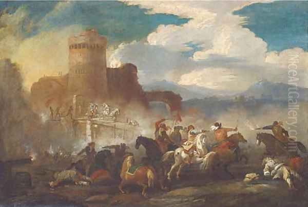 A cavalry battle outside a castle Oil Painting by Jacques Courtois