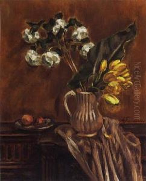 Stilleven Met Kan En Gele Tulpen Oil Painting by Henri Le Fauconnier