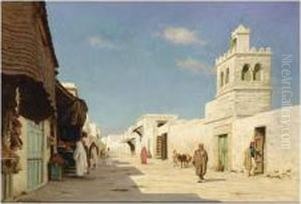 Peasants In A Tunisian Town Oil Painting by August Le Gras