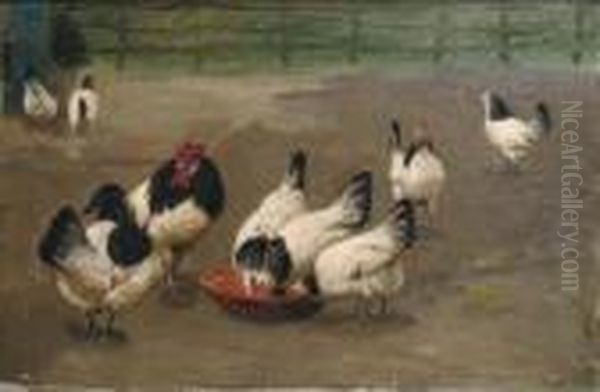 Chickens Feeding Oil Painting by August Le Gras