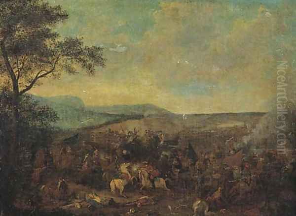 A cavalry skirmish between Christians and Turks in an extensive landscape Oil Painting by Jacques Courtois