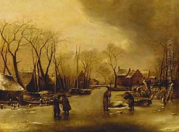 A frozen river landscape with figures cutting ice, a village beyond Oil Painting by Jan Van De Cappelle