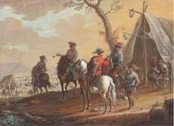 Des Cavaliers Trinquant Et Fumant Dans Un Campement Militaire Oil Painting by Jean-Baptiste Le Paon