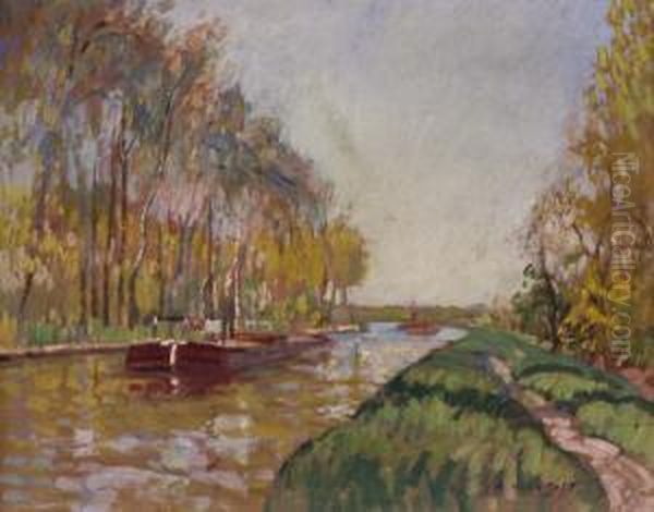 Flussufer Mit Kahnen Im Herbst by Alfred Marie Le Petit