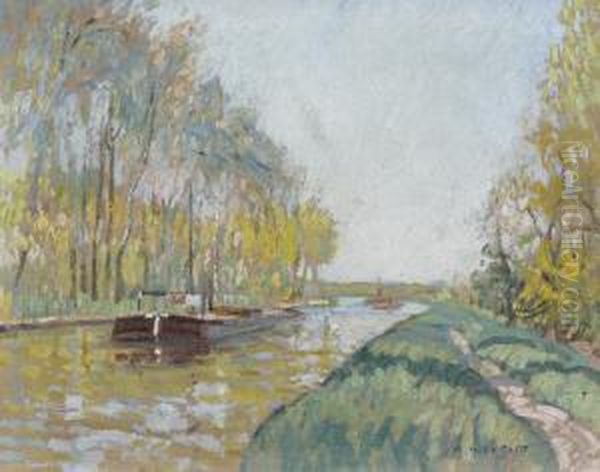 Herbstliche Flussuferpartie Mit Kahnen. Oil Painting by Alfred Marie Le Petit