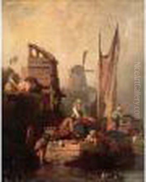 Embarquement Sur Le Canal Oil Painting by Eugene Lepoittevin