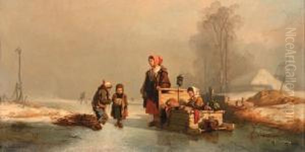 Les Enfants Sur La Riviere Gelee Oil Painting by Eugene Lepoittevin