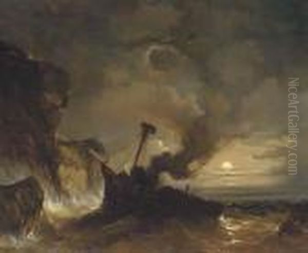 Shipwreck Off The Cliffs Of Dover At Night With Dover Castle In Thedistance Oil Painting by Eugene Lepoittevin