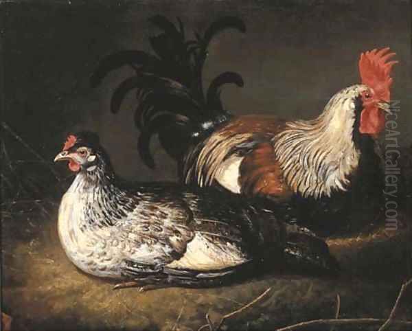 A cockerel and a hen Oil Painting by Abraham Van Calraet