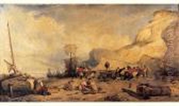 Pecheurs Halant Un Bateau A Terre, Vue Prise A Port-en-bessin Oil Painting by Eugene Lepoittevin