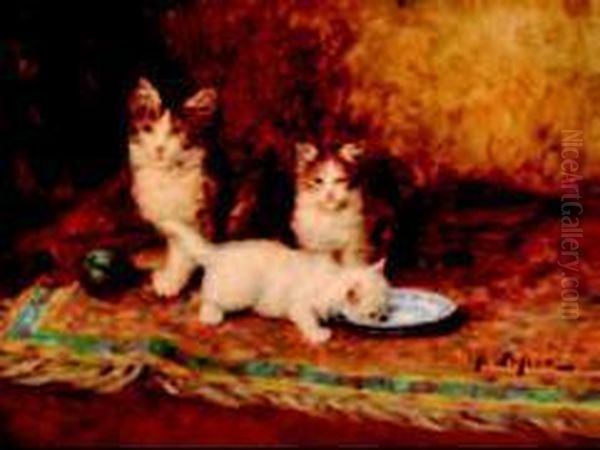 Chatons Et Assiette De Lait Oil Painting by Jules Le Roy