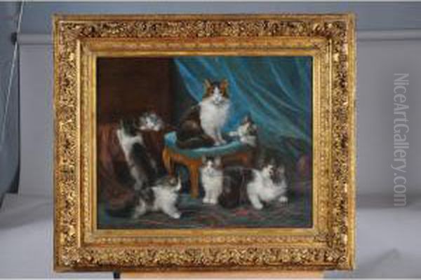 < Lachatte Et Ses 5 Chatons >. Oil Painting by Jules Le Roy