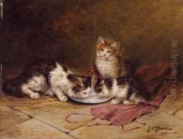 Gattini Attorno A Un Piatto Colmo Di Latte Oil Painting by Jules Le Roy