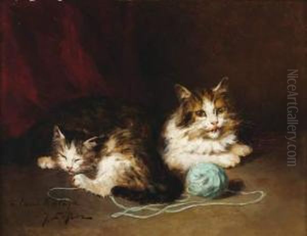 Deux Chats Et Pelote De Laine Bleue Oil Painting by Jules Le Roy