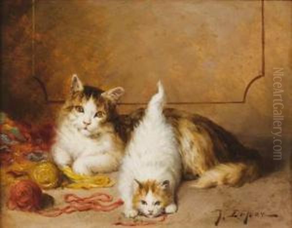 Deux Chats Et Pelotes De Laine Rouge Et Jaune by Jules Le Roy