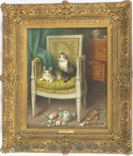 Interno Con Gatti In Poltrona Oil Painting by Jules Le Roy