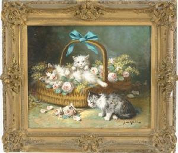 Cestino Con Fiori E Gatti Oil Painting by Jules Le Roy