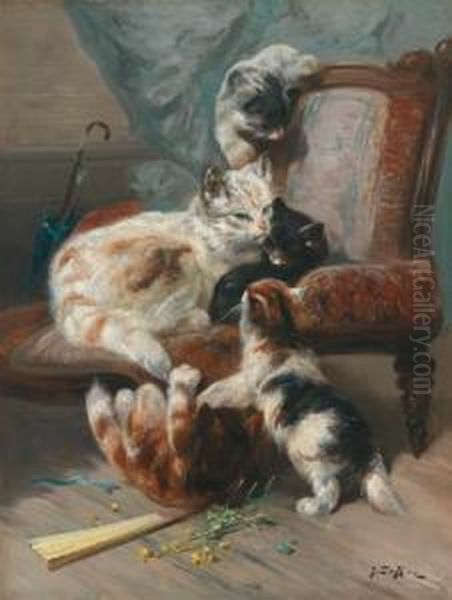 Cats Playing Oil Painting by Jules Le Roy