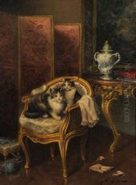 Chatons Dans Un Interieur Oil Painting by Jules Le Roy