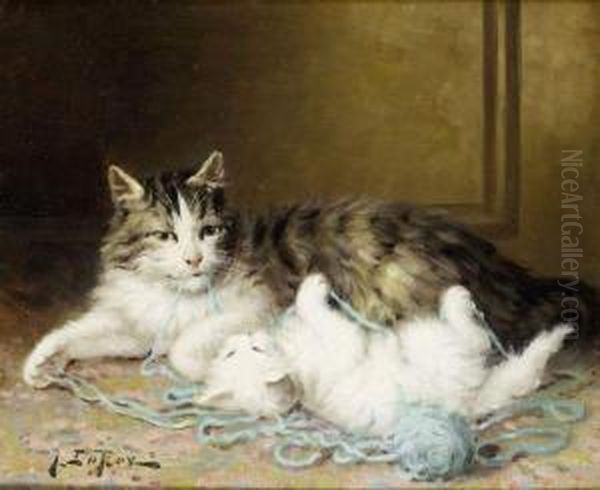 Chats Jouant Avec La Pelote Oil Painting by Jules Le Roy