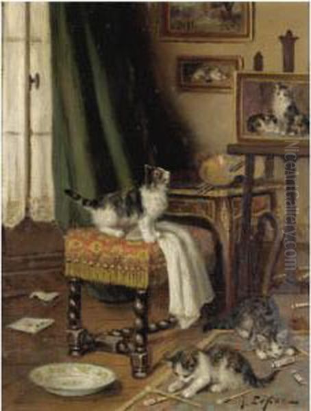 While The Artist's Away The Cats Will Play Oil Painting by Jules Le Roy