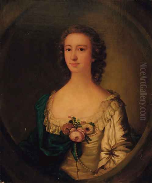 Portrait of a lady, half-length, in a white dress with a blue wrap and flowers at her corsage, feigned oval Oil Painting by Francis Cotes