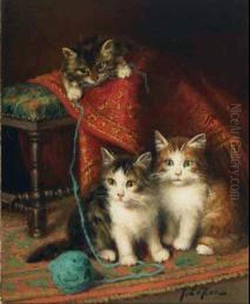 Kittens Playing With A Ball Of Yarn Oil Painting by Jules Le Roy