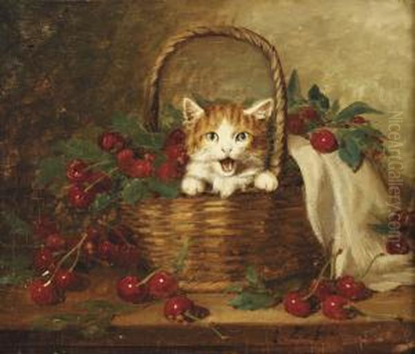 Chatons Au Panier De Cerises Oil Painting by Jules Le Roy