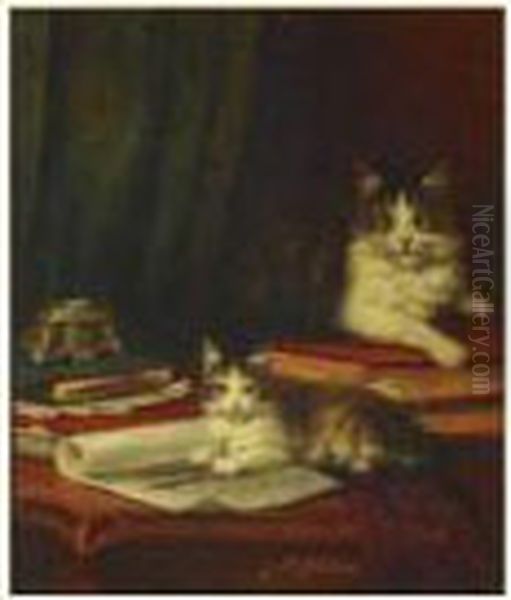 Deux Chats Jouant Sur Un Bureau Oil Painting by Jules Le Roy