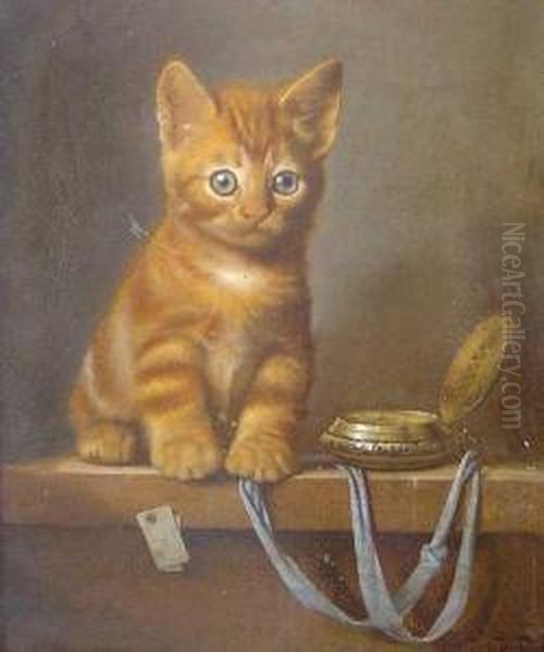 Kitten With A Timepiece Oil Painting by Jules Le Roy