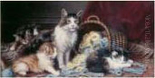 Chats Au Panier De Laines Oil Painting by Jules Le Roy