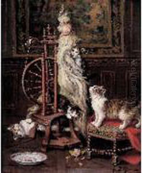 Chatons Jouant Pres D'un Rouet Oil Painting by Jules Le Roy