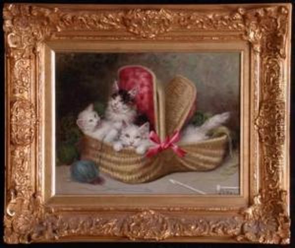 Kittens In Basket Oil Painting by Jules Le Roy