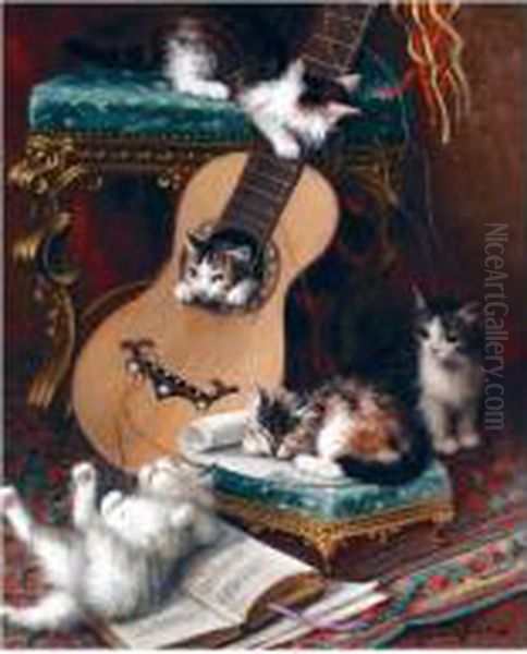 Kittens At Play Oil Painting by Jules Le Roy