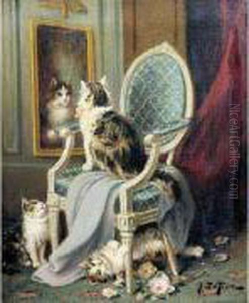 Les Chats Et Le Miroir. Oil Painting by Jules Le Roy