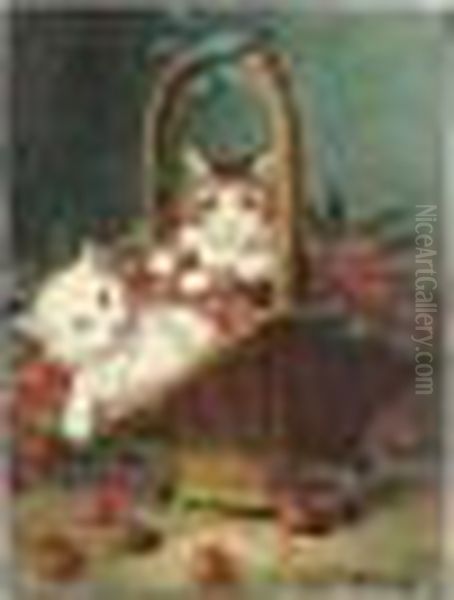 Kittens In A Basket Oil Painting by Jules Le Roy