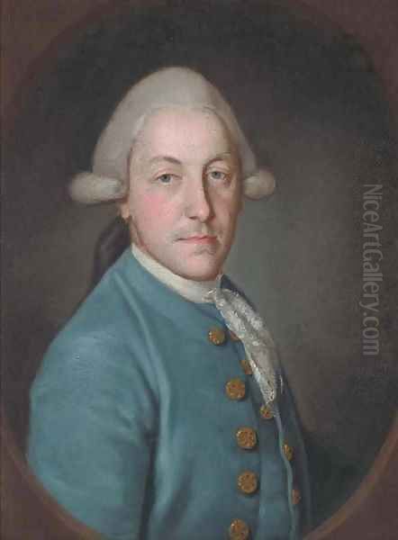 Portrait of a gentleman, bust-length, in a blue coat and lace cravat by Francis Cotes