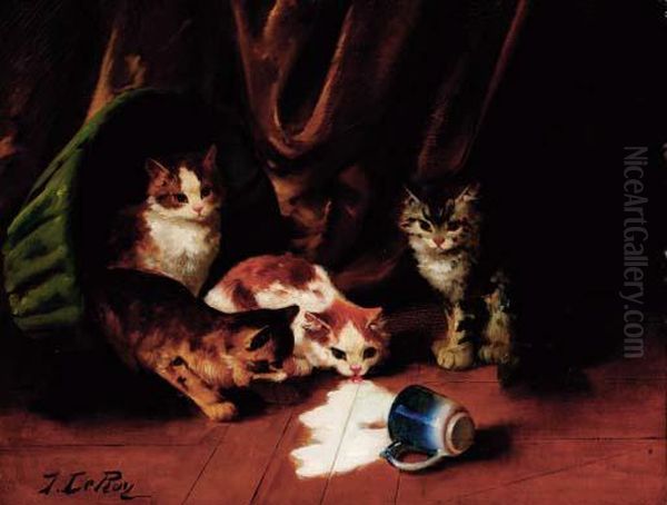 Kittens Enjoying Spilt Milk Oil Painting by Jules Le Roy