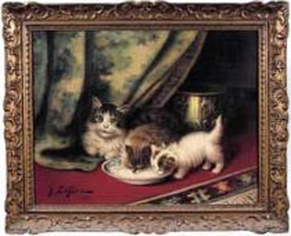 Chatte Et Chatons Oil Painting by Jules Le Roy