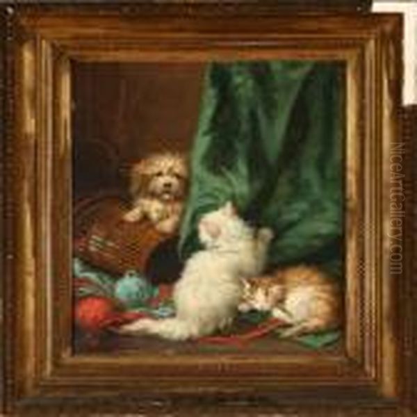 Dog And Catsplaying Oil Painting by Jules Leroy