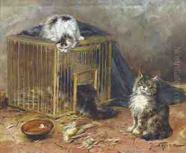 Drei Katzchen Bei Einem Vogelkafig Oil Painting by Jules Leroy