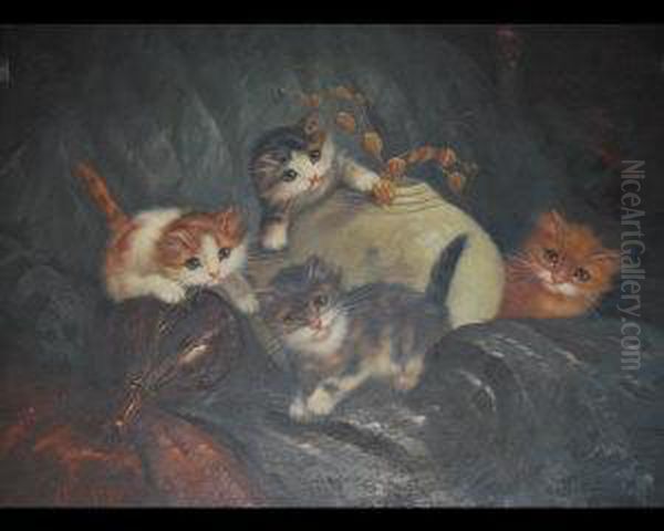 Four Mischievous Kittens Oil Painting by Jules Leroy