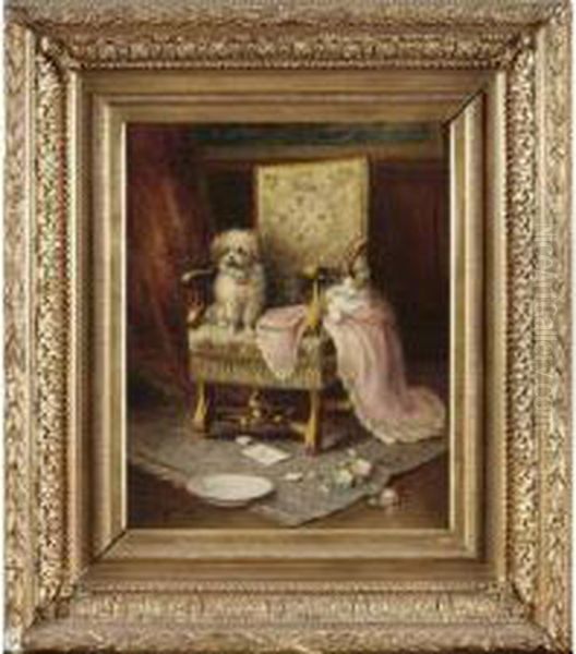 Chien Et Chat Assis Sur Unfauteuil Oil Painting by Jules Leroy